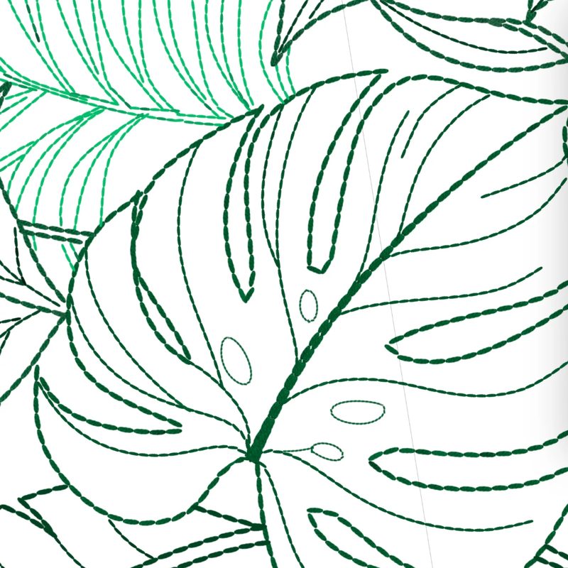Monstera and palm leaves drawn in green stitch-like outlines with no fill (Procreate screenshot, cropped)